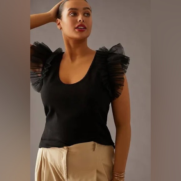 Anthropologie DOLAN Tulle Sleeve Black Tank Top - Picture 6 of 10